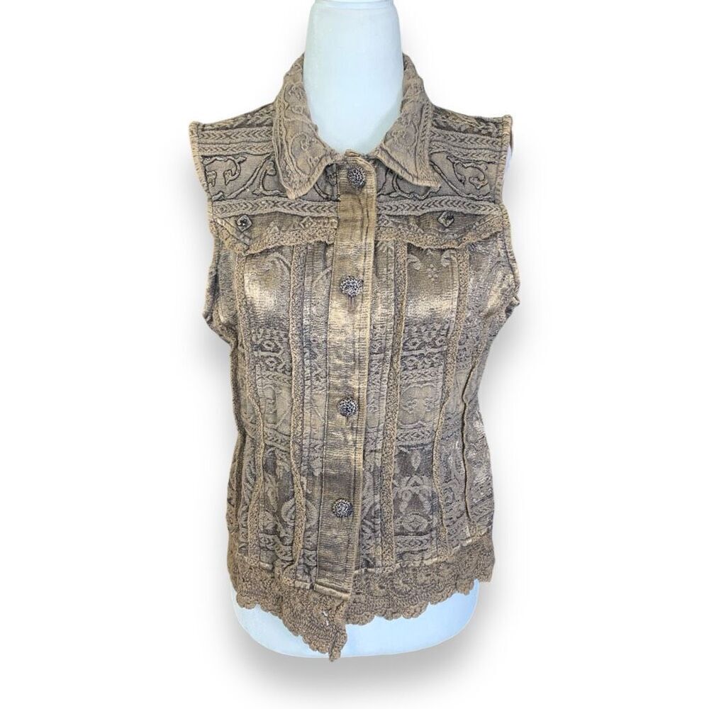 Vintage Flashback Vest Metallic Brown Floral Detail Lace Embroidered High Neck